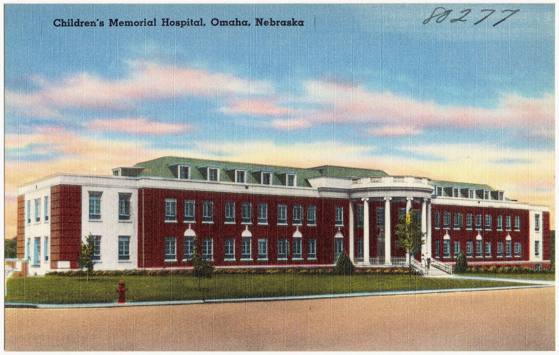 A vintage postcard view of the brick Children's Memorial Hospital building in Omaha. A Wikimedia Commons photograph on Brent O'Mara Insights.