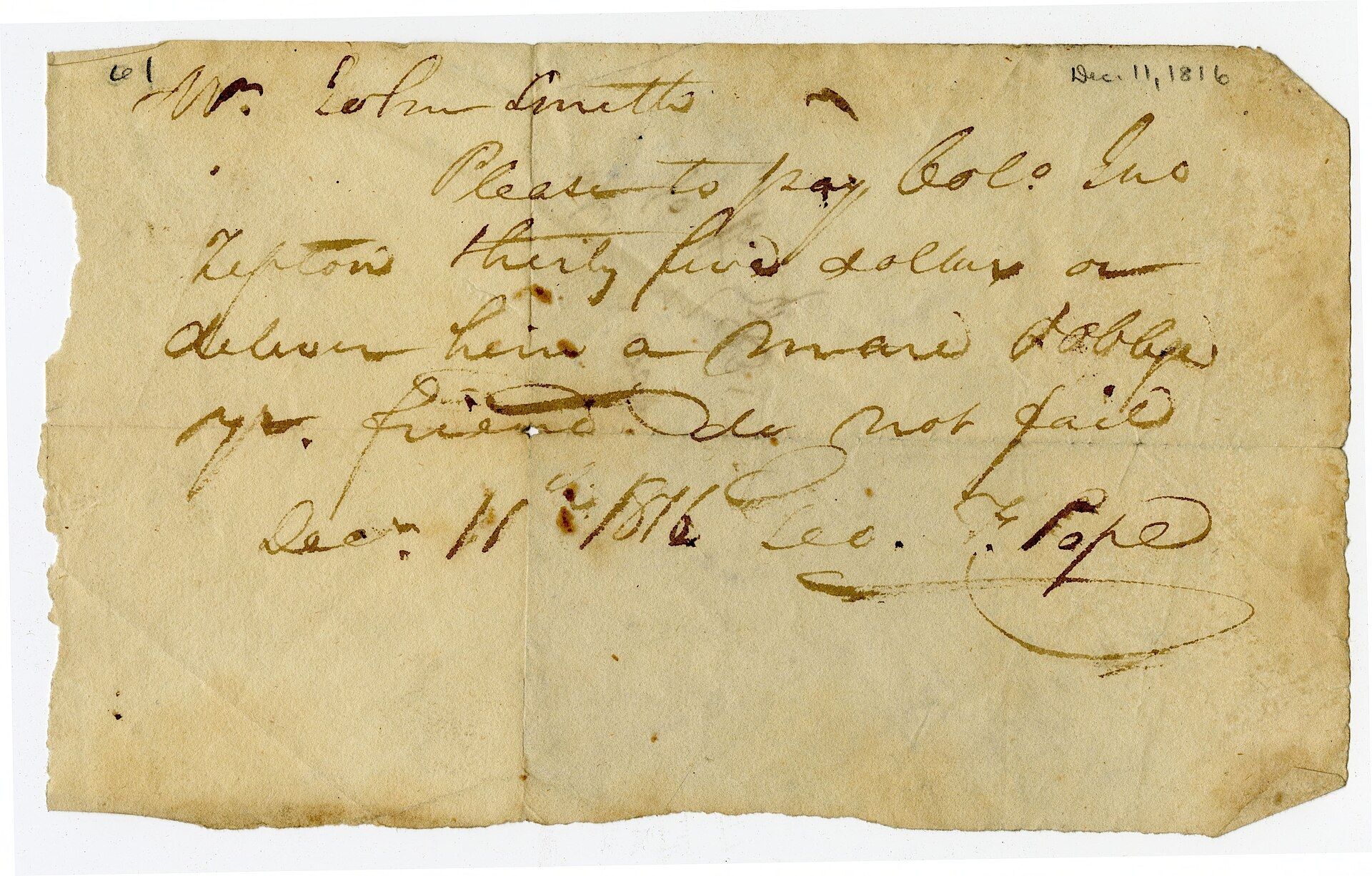 A handwritten promissory note of 1816 promising payment at a future date. A Wikimedia Commons photograph on Brent O'Mara Insights.