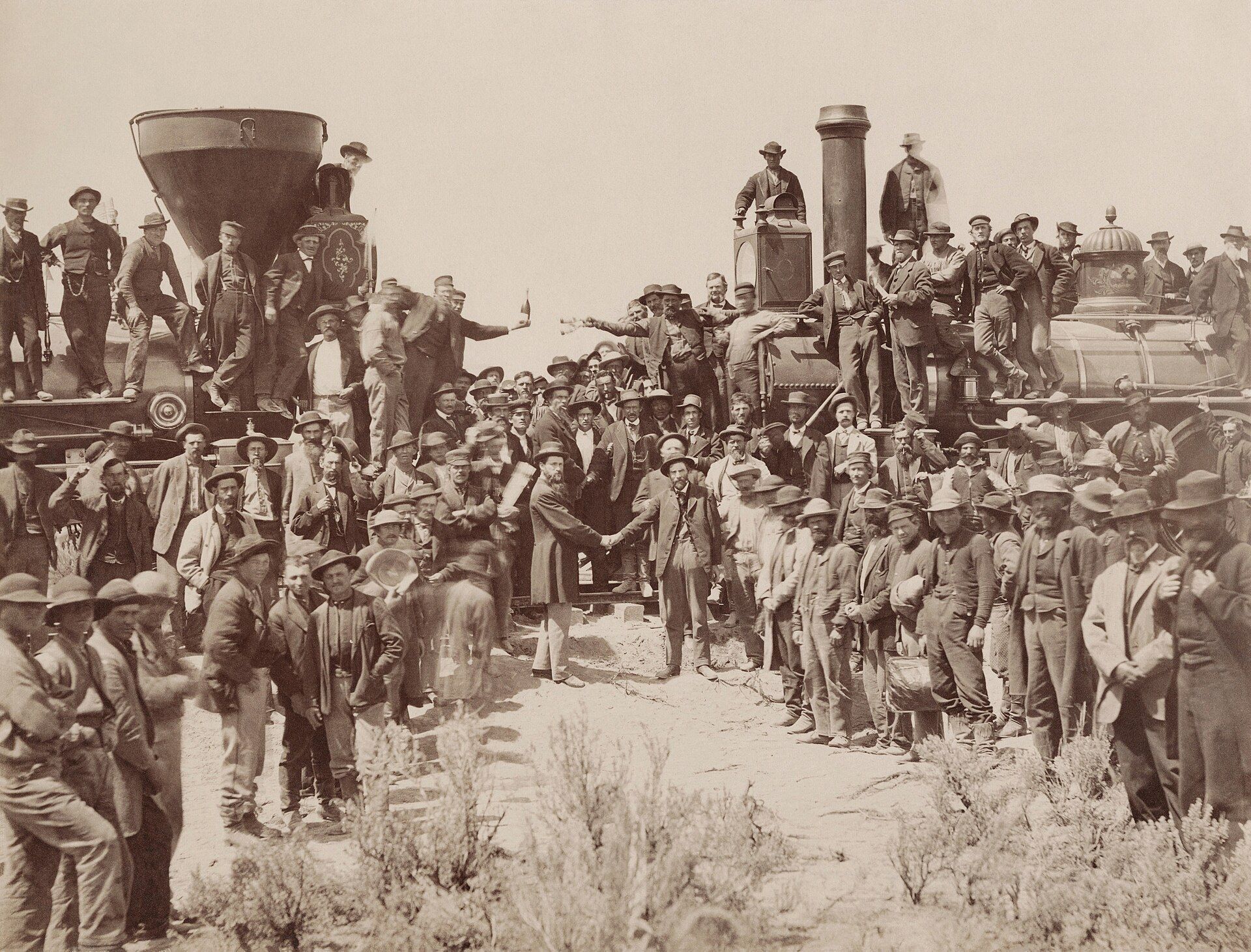 Two locomotives meet nose to nose at Promontory Summit in 1869 as workers crowd around the. A Wikimedia Commons photograph on Brent O'Mara Insights.