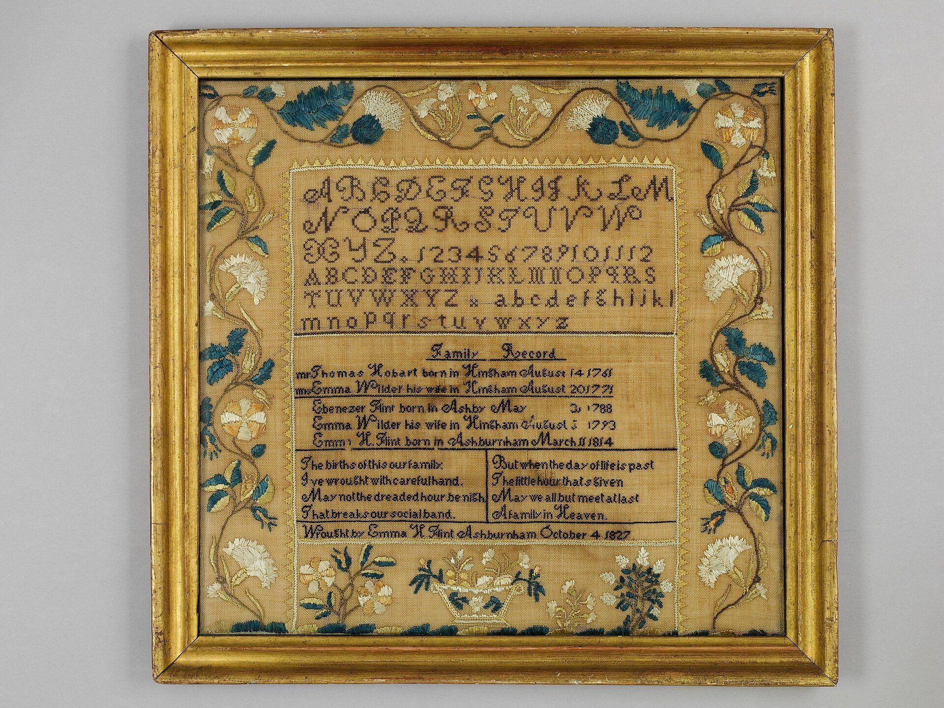 An embroidered nineteenth century family record sampler listing births and marriages. A Wikimedia Commons photograph on Brent O'Mara Insights.